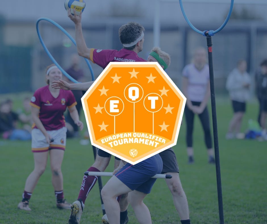 The EQT logo, an orange heptagon with a ring of stars and the letters "E, Q, T," in quidditch hoops, over the faded image of a chaser making a shot on hoops.