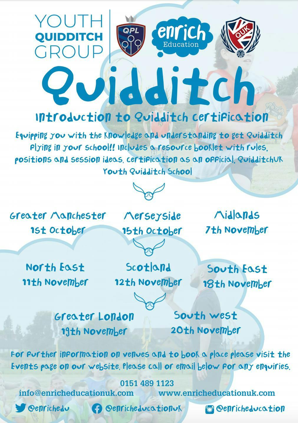 A flyer for the Introduction to Quidditch Certification, with various dates for sessions