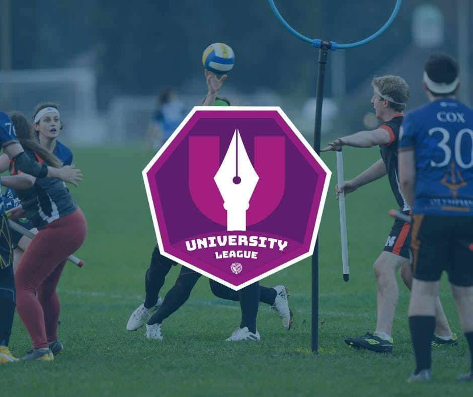 The Northern University logo, a magenta heptagon with a lighter magenta letter U covered by the nib of a pen, over the faded image of a keeper with the quaffle.